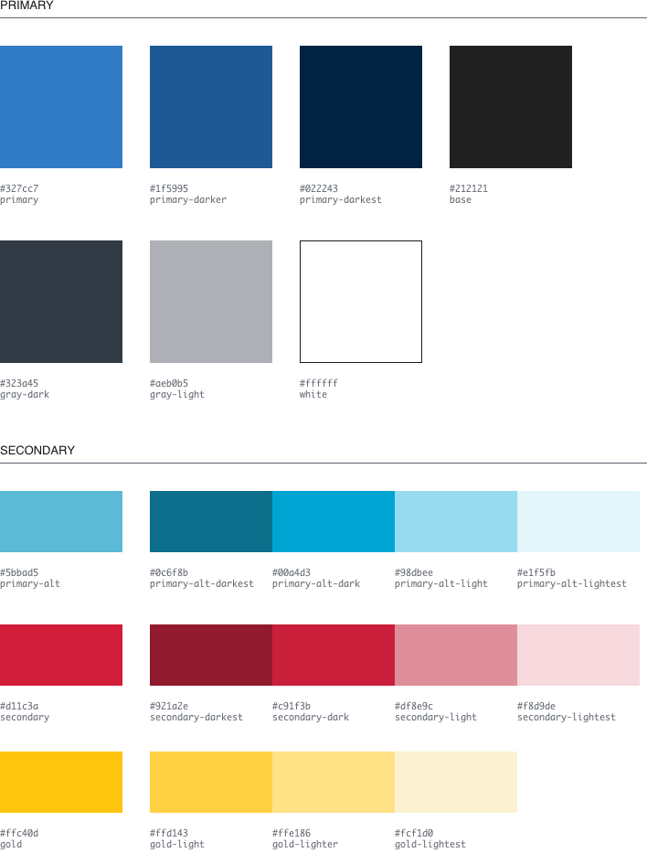 blue, red, gold, gray color swatches from design system